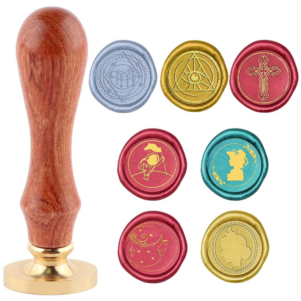 Wax Seal Stamp Set - ชุดแสตมป์ตราประทับขี้ผึ้ง 1 หัวแสตมป์ทองเหลืองกลมแบบถอดได้และ 1 ด้ามไม้พะยูงตัวอักษรตามือรูปแบบครอสสำหรับซองจดหมาย